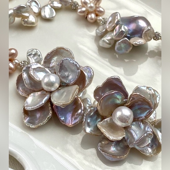 N290-Premium RARE Natural Blue Petal Pearl Blue Flameball Pearl Flower Necklace - Picture 14 of 16